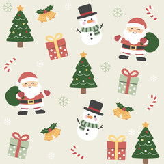 Merry Christmas and Happy New Year seamless pattern with Santa Claus , snowman, christmas tree.