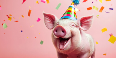 Joyful Pig Celebrates with Party Hat and Confetti on Pink Background