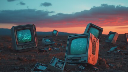 Barren landscape with broken electronics symbolizes e-waste environmental impact.