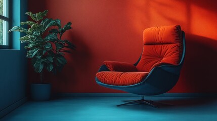 Cozy modern chair against a vibrant red wall with a plant.