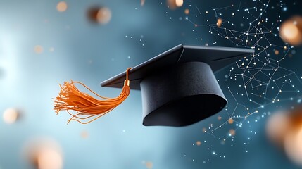 Graduation cap with an orange tassel representing the successful completion of higher education and the exciting transition to new opportunities and the start of a new chapter in one s life