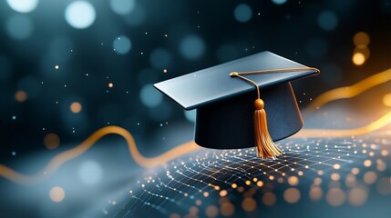 Graduation cap with golden tassel and glowing lights on dark background with sparkling bokeh effect  Concept of academic achievement higher education intellectual property scholastic success