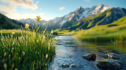 Majestic mountain landscape with a serene alpine lake surrounded by lush green meadows flowing river and snow capped peaks in the distance  A picturesque natural scene of tranquility and beauty