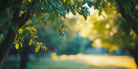 Obraz premium Soft Sunlight Filters Through Lush Green Tree Branches.