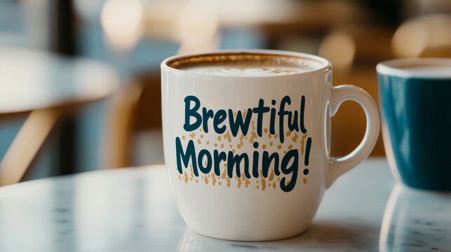 A coffee cup with arms flexing, captioned "Brewtiful Morning!"