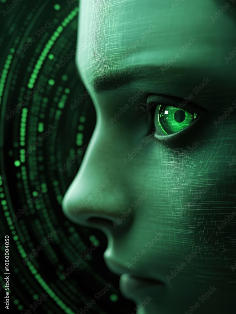 Aufkleber a digital face with a glowing green eye peers into a matrix of binary code, ai