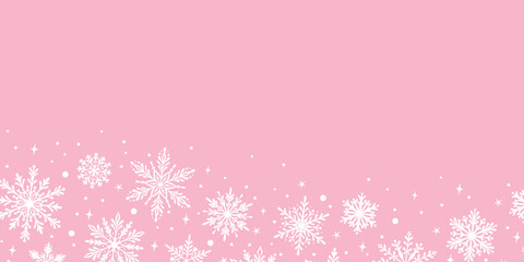 Pastel pink winter background with snowflakes, vector snow banner or frame design, cute girly wallpaper template