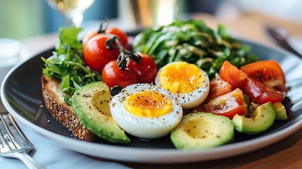 Vibrant and Nourishing Vegetarian Meal Plate Featuring an Assortment of Fresh Vegetables Hard Boiled Eggs and Creamy Avocado  A Balanced and Flavorful Dish that Promotes Healthy Eating and Wellbeing