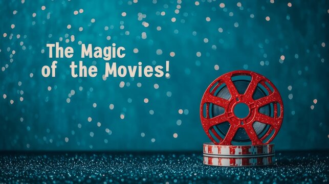 Film reel unravels into stars, "The Magic of the Movies!" on a starry theater flyer.