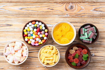 Mix of colorful candies . Top view