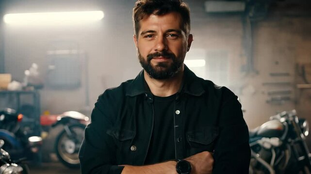 Smiling brutal biker in his garage. Meet the smiling biker who believes that every motorcycle has a story, join him in his garage for a fun ride!