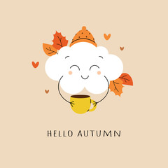 Hello autumn. Cute cloud character in hat with cup of coffee and autumn leaves. Minimalistic postcard, greeting card. Flat vector illustration