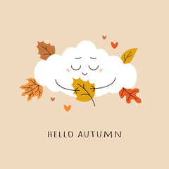 Hello autumn. Cute cloud character with autumn leaves. Minimalistic postcard, greeting card. Flat vector illustration