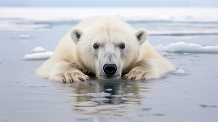 A polar bear rests on a patch of ice in the Arctic, its black nose and eyes peering out from its white fur.