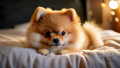 A cute and fluffy Pomeranian lying comfortably on a soft and cozy bed