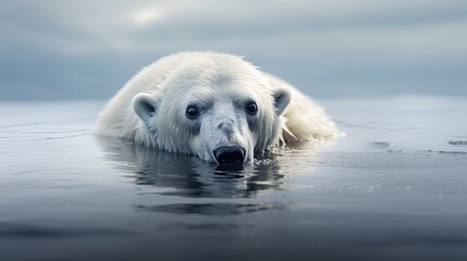 A polar bear swims in the icy blue water, its face peering out from the surface. It's a powerful and majestic creature, perfectly adapted to its environment.