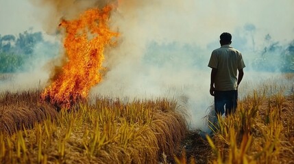 An indian man setting fire to a dry crop field.