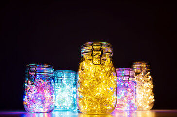 Glass jars with colored luminous garlands inside, on black background. Christmas decorations