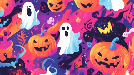 Spooky Halloween Pumpkins and Ghosts Illustration