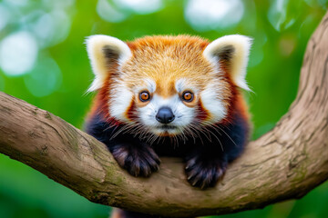 A red panda resting on a tree branch amidst vibrant greenery during a sunny day in its natural habitat