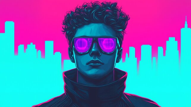 Neon Comic-Con poster with cyberpunk characters, cityscapes, glitch effects, holographic elements