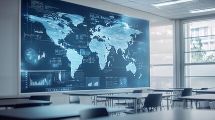 Fototapeta premium A modern classroom backdrop features an innovative financial graph and world map overlay, illustrating the interconnectedness of finance and the global economy