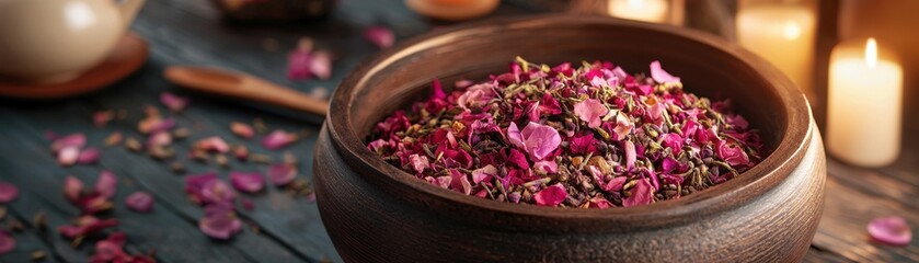 A close-up of a wooden bowl filled with colorful dried flower petals, surrounded by scattered petals and flickering candles, creating a serene atmosphere.
