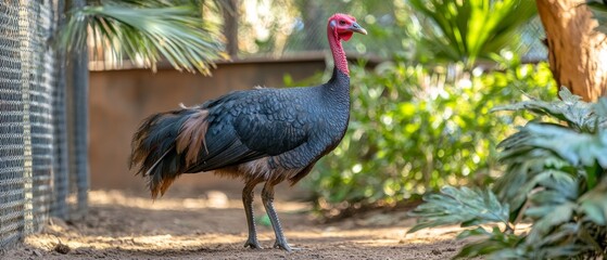 Naklejka premium A large bird with a vibrant red head and dark feathers strolls through a vibrant, green tropical environment under bright sunlight