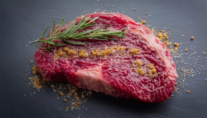 Fototapeta premium Marbling beef and rosemary on a black background with mood