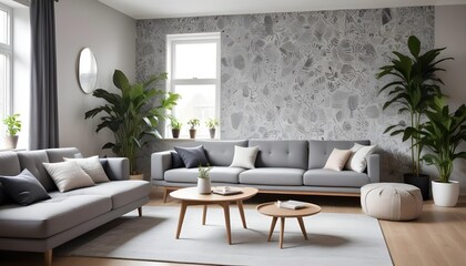 Scandinavian living room interior design zoom background,Doodle patterned wallpaper graphics