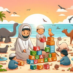 cartoon Muslim child learning Arabic hijaiyah letters