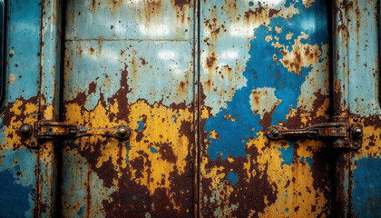 Rusted subway train door shows wear and nostalgia, reflecting time's passage.