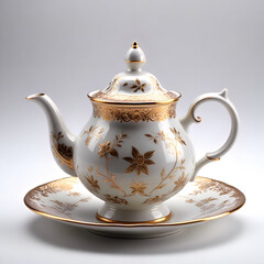 Classic Porcelain Teapot with Gold Embellishments Generative AI