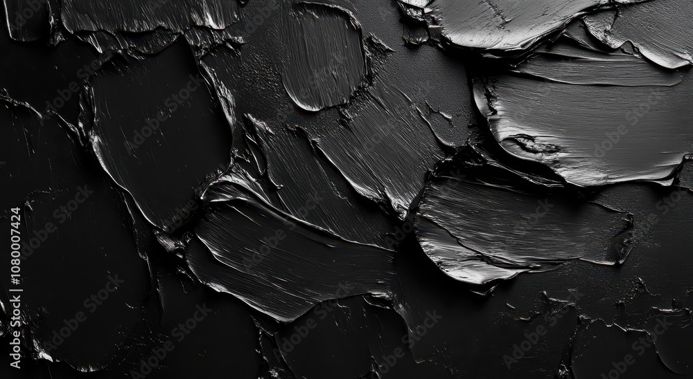 Poster a textured black surface with layered, uneven patterns, resembling paint or oil, creating a visually