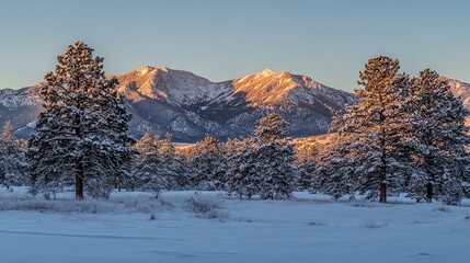 A picturesque winter scene unfolds in the mountains. Fir trees stand tall, their branches laden with snow, creating a serene and enchanting atmosphere. As dawn breaks