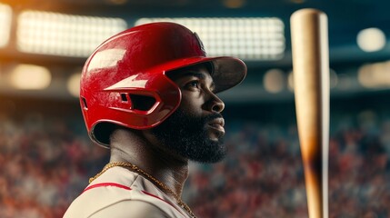 Powerful brand ads subtly placed around scoreboard, batter focusing on incoming pitch