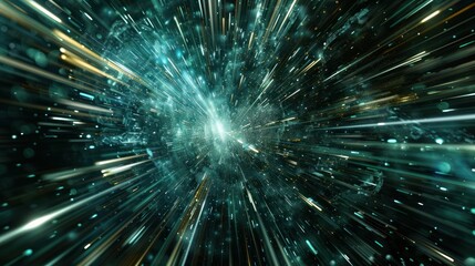 A dynamic burst of light and particles, representing movement through space or time.