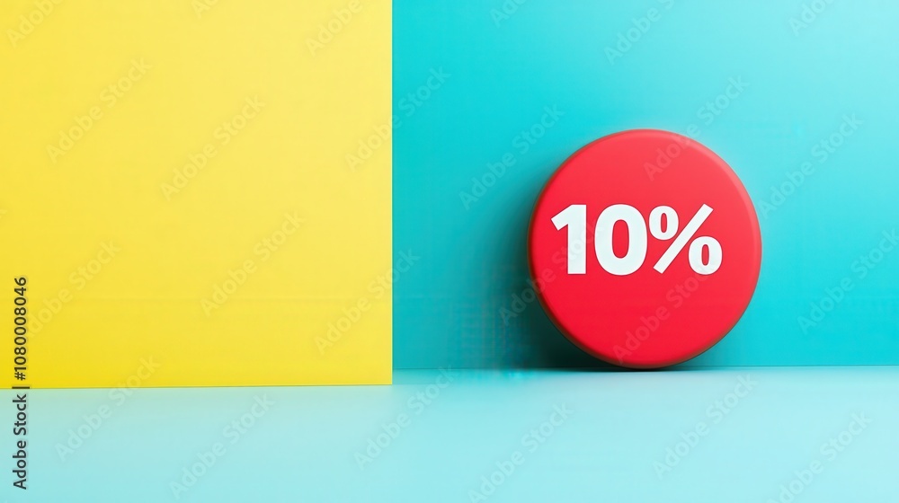 Poster red circle with '10 percent off' at center for a website isolated random pastel color background