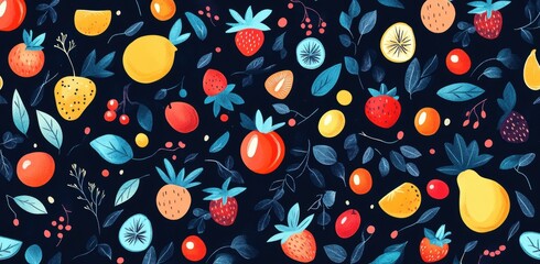 A vibrant pattern featuring an array of colorful fruits surrounded by lush green leaves on a dark background.
