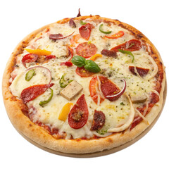 Mixed Vegetable And Pepperoni Pizza With Basil PNG Images

