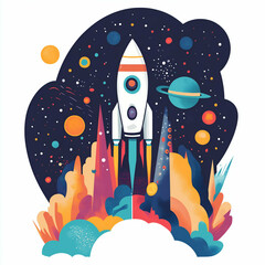 Fototapeta premium A vibrant illustration of a rocket launching into a starry cosmos, surrounded by colorful planets, abstract clouds, and dynamic cosmic elements.