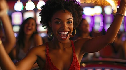 A Black Woman Smiles Ecstatically in a Casino Setting