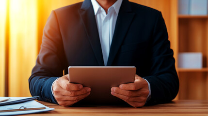 KYC Verification Concept. Person reviewing KYC policy guidelines on tablet, professional vibe, identity compliance, regulatory policy