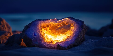 Stunning transparent reflective geode showcasing intricate natural patterns and vibrant colors in a crystal formation.