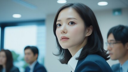 Obraz premium A woman with a serious expression sits in a room with other people. Generative AI
