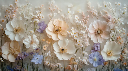 sophisticated arrangement of pressed flowers creates serene and elegant display, featuring soft pastel hues and delicate textures. composition evokes sense of tranquility and beauty