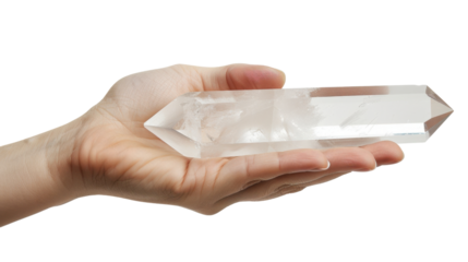 Hand holding a crystal quartz on white transparent background
