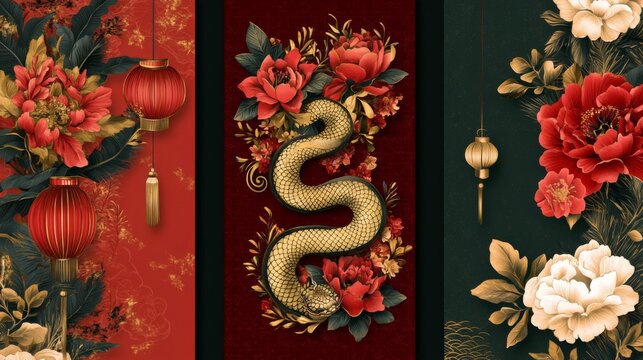 Chinese New Year Floral Design with Gold Snake and Red Lanterns - Powered by Adobe