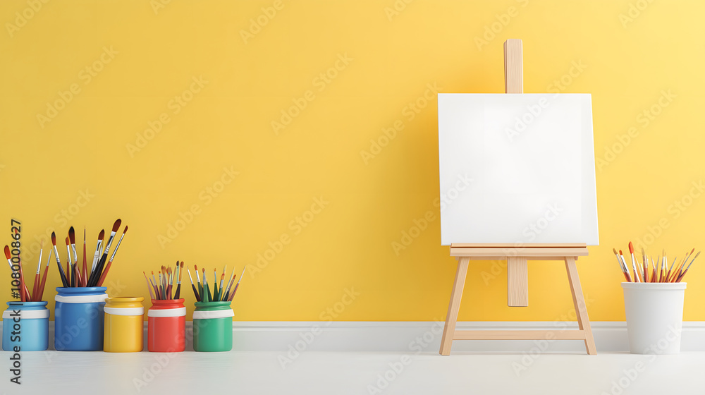 Aufkleber A bright yellow wall serves as the backdrop for an empty canvas on an easel, surrounded by colorful containers filled with paintbrushes.