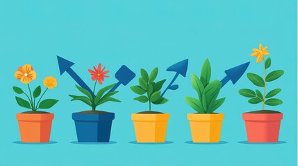 Obraz premium Growing Plants In Pots With Blue Arrow Upward Business